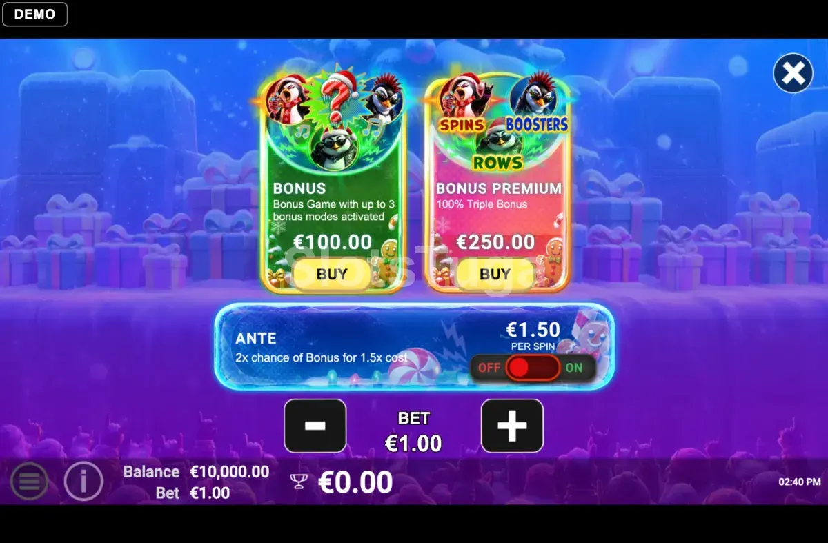 Ecrã de compra de bónus da 3 Merry Penguins