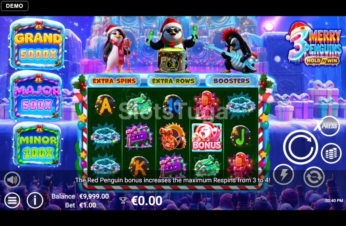 Jogo base da 3 Merry Penguins com grelha de 5 rolos