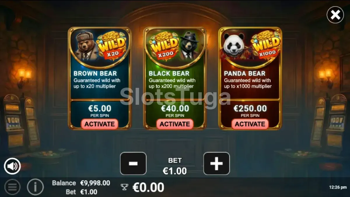 Tela de compra de bônus do 3 Power Bears com os três ursos disponíveis