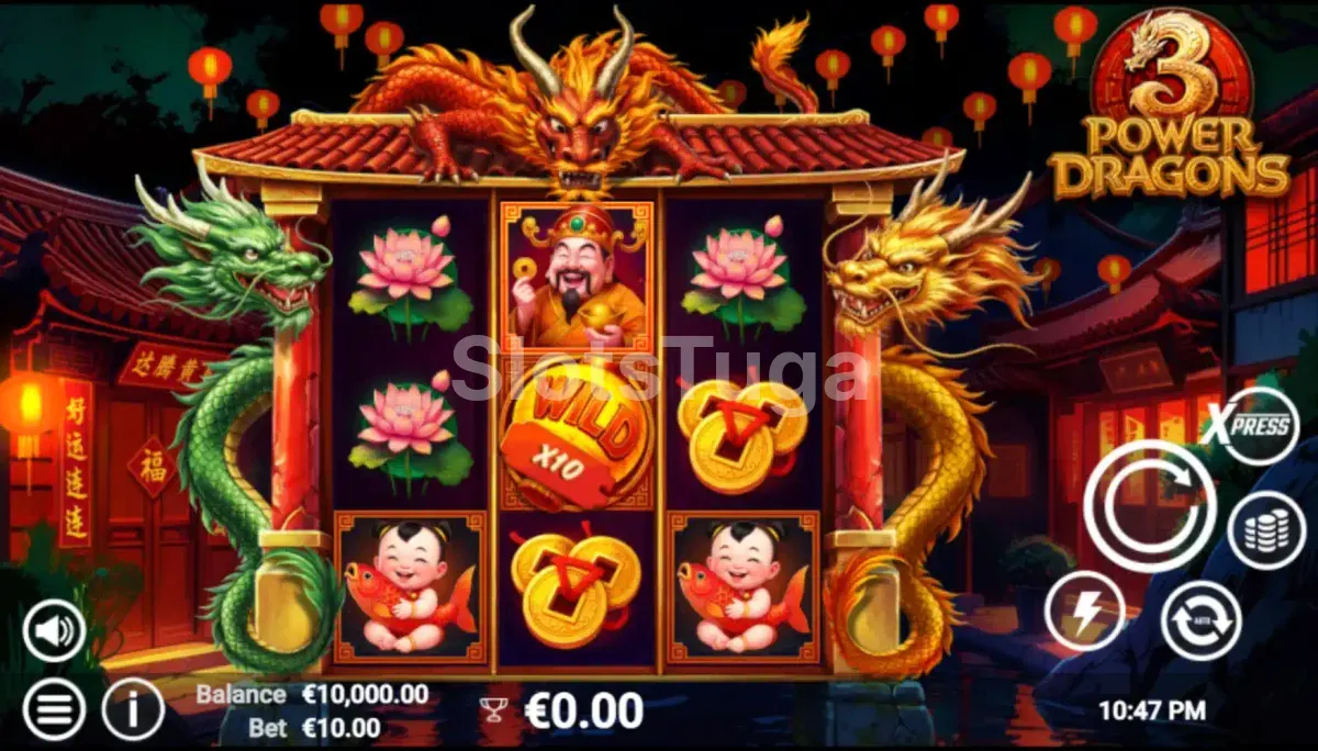 Jogo base do 3 Power Dragons com os três rouleaux e dragões em ação