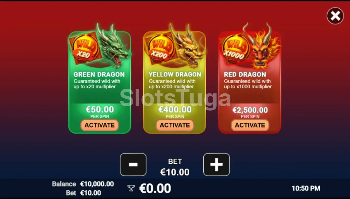 Tela de compra de bônus do 3 Power Dragons com opções de valores disponíveis