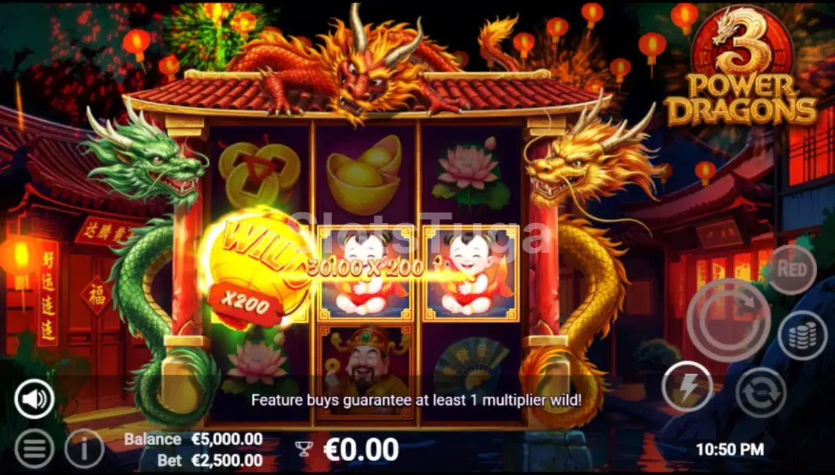 Rodada bônus do 3 Power Dragons com dragões ativados e multiplicadores crescendo