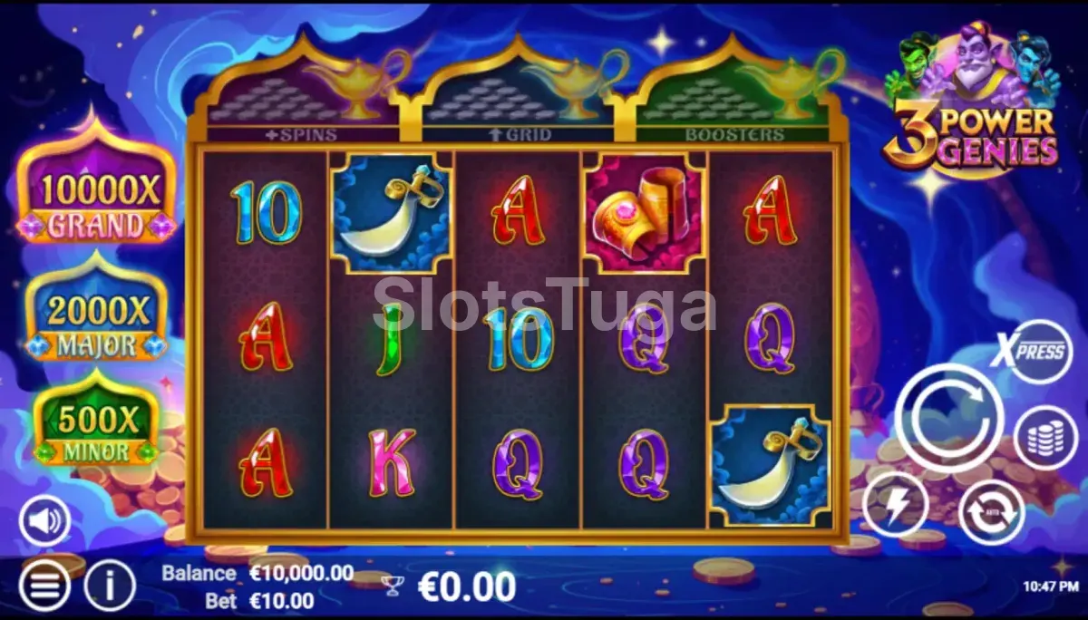 Jogo base da slot 3 Power Genies com os três gênios na tela