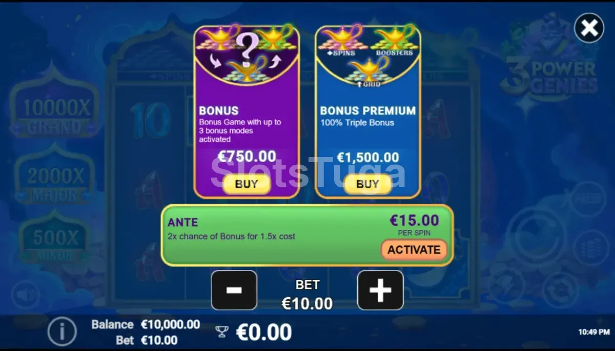 Tela de compra de bônus da slot 3 Power Genies