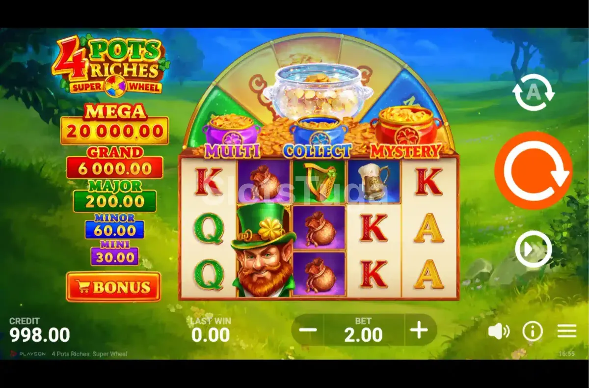 Tela inicial do 4 Pots Riches Super Wheel com os rolos principais