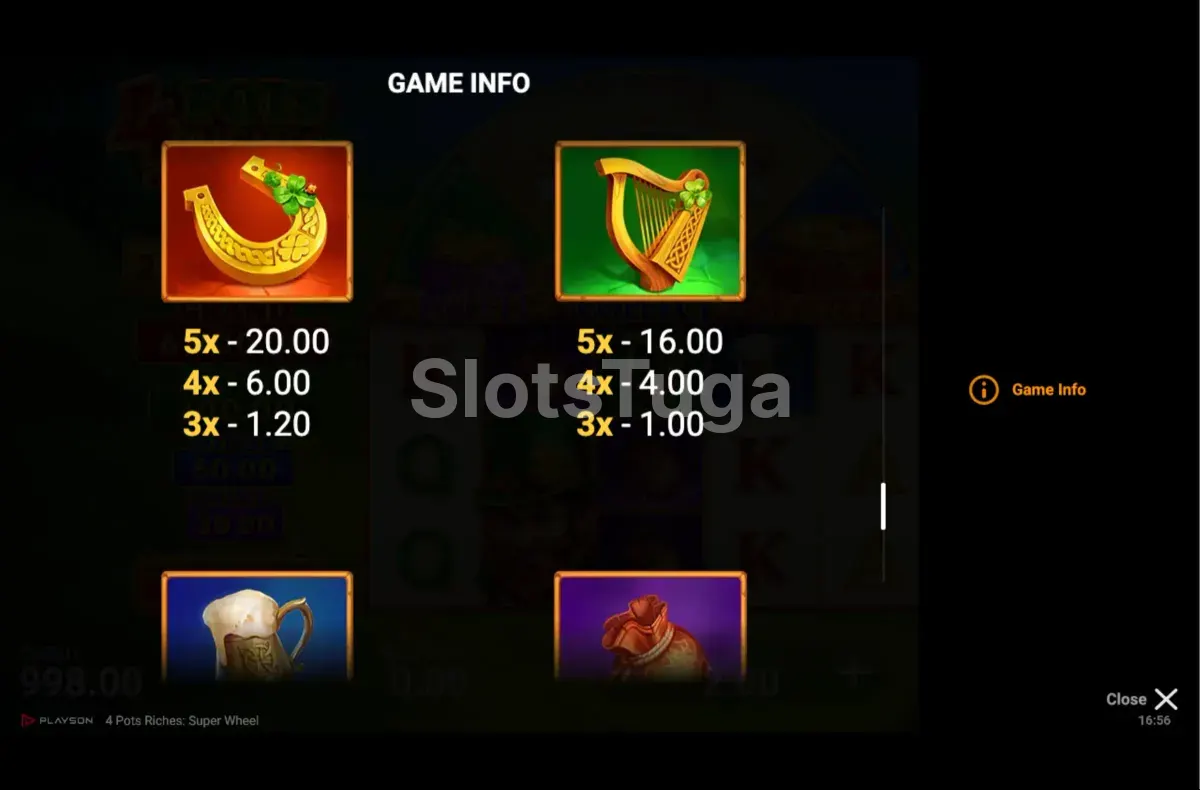 Tabela de pagamentos do 4 Pots Riches Super Wheel detalhando os símbolos