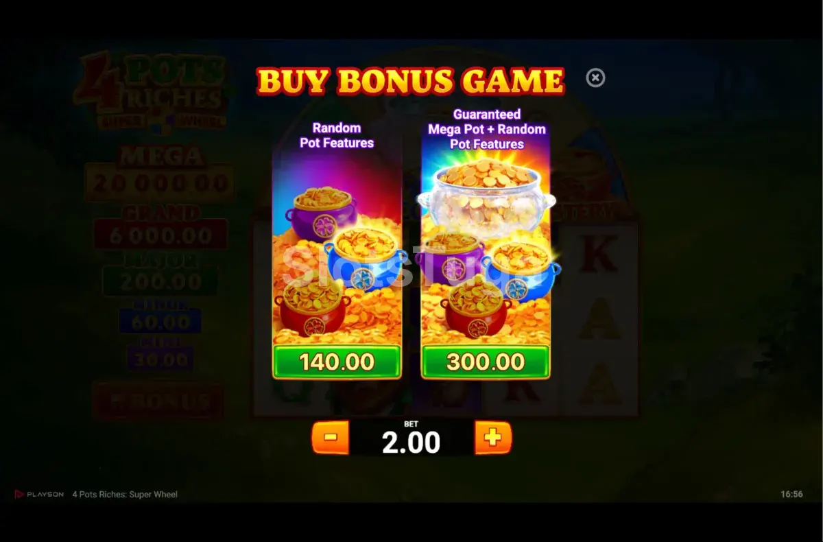 Tela de compra de bônus do 4 Pots Riches Super Wheel