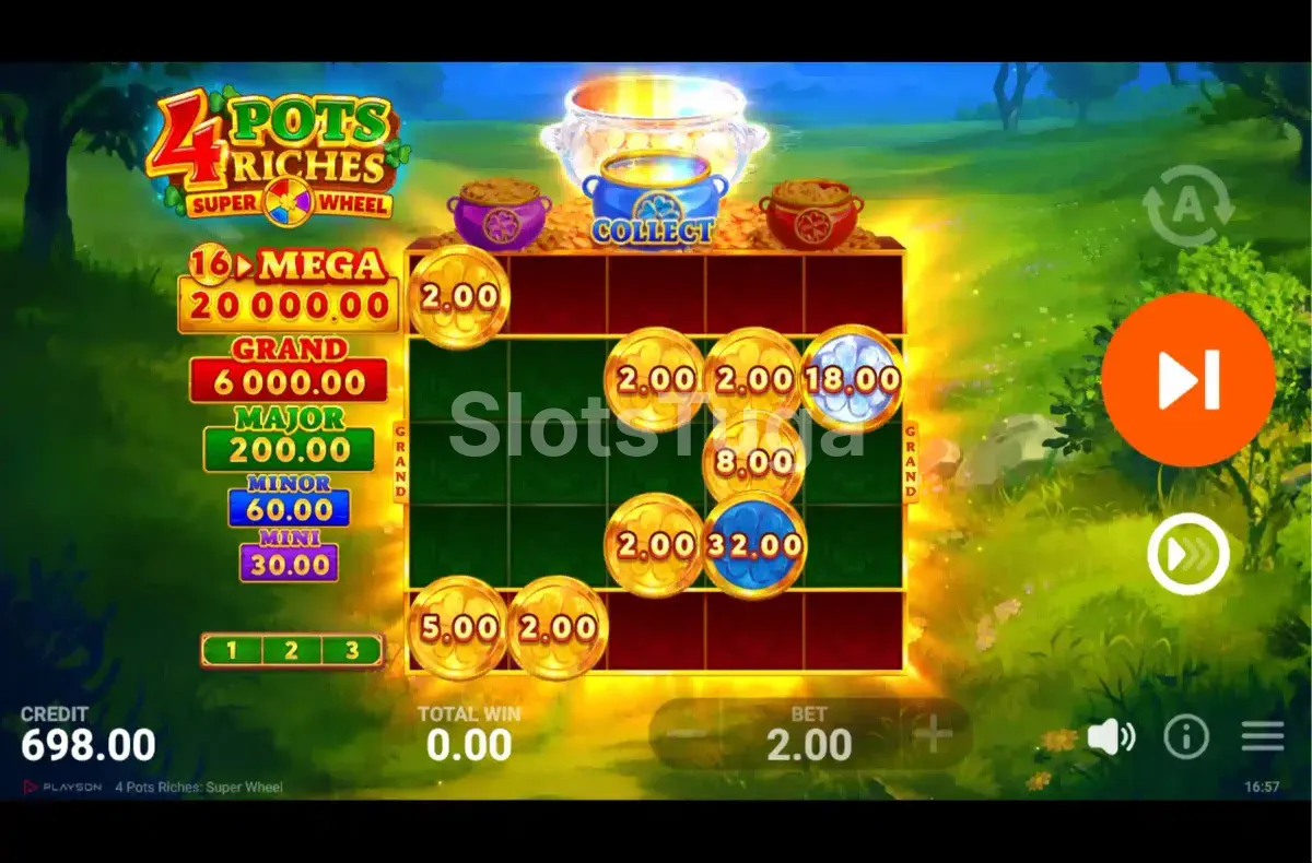 Rodadas de bônus do 4 Pots Riches Super Wheel em ação