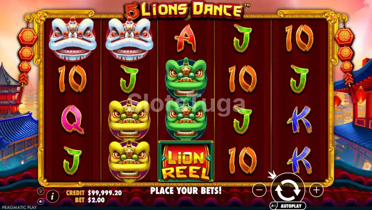 Tela principal do slot 5 Lions Dance com os rolos decorados em estilo festival chinês
