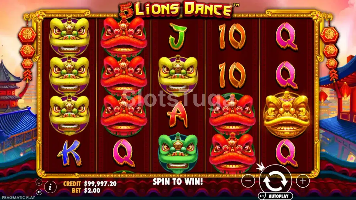 Feature de giros grátis do 5 Lions Dance com símbolos transformados em ação