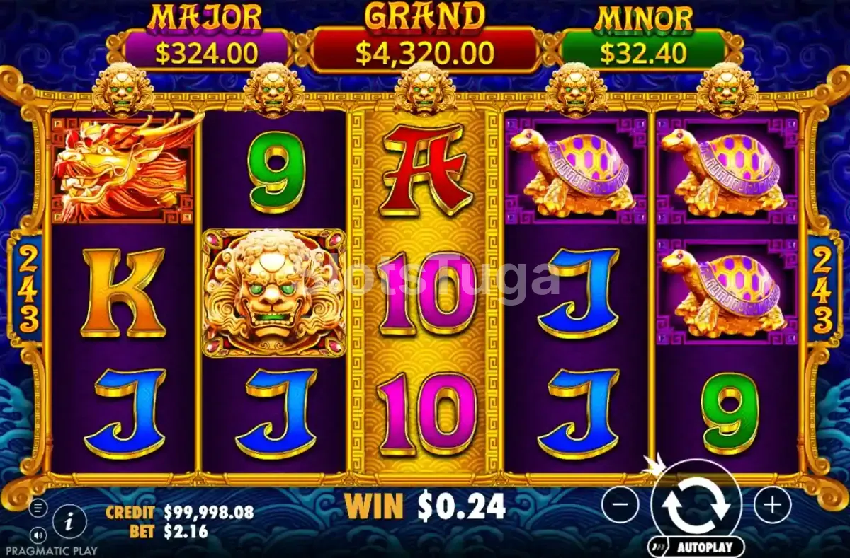 Jogo base da 5 Lions Gold com símbolos orientais nos rouleaux
