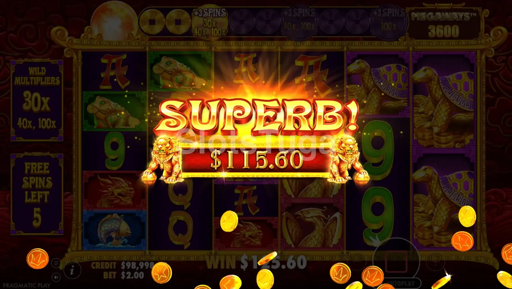 Big win na 5 Lions Megaways 2 com multiplicador ativo e símbolos premium