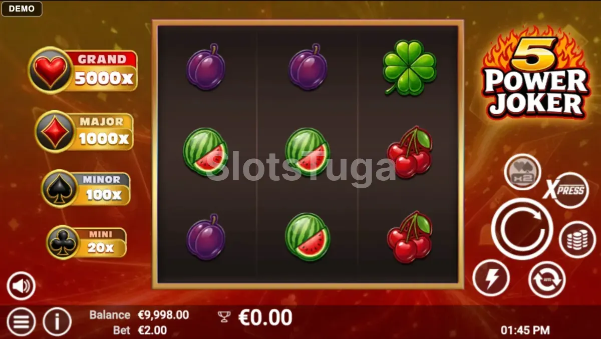 Jogo base de 5 Power Joker com a grelha 3x3 e os símbolos de fruta