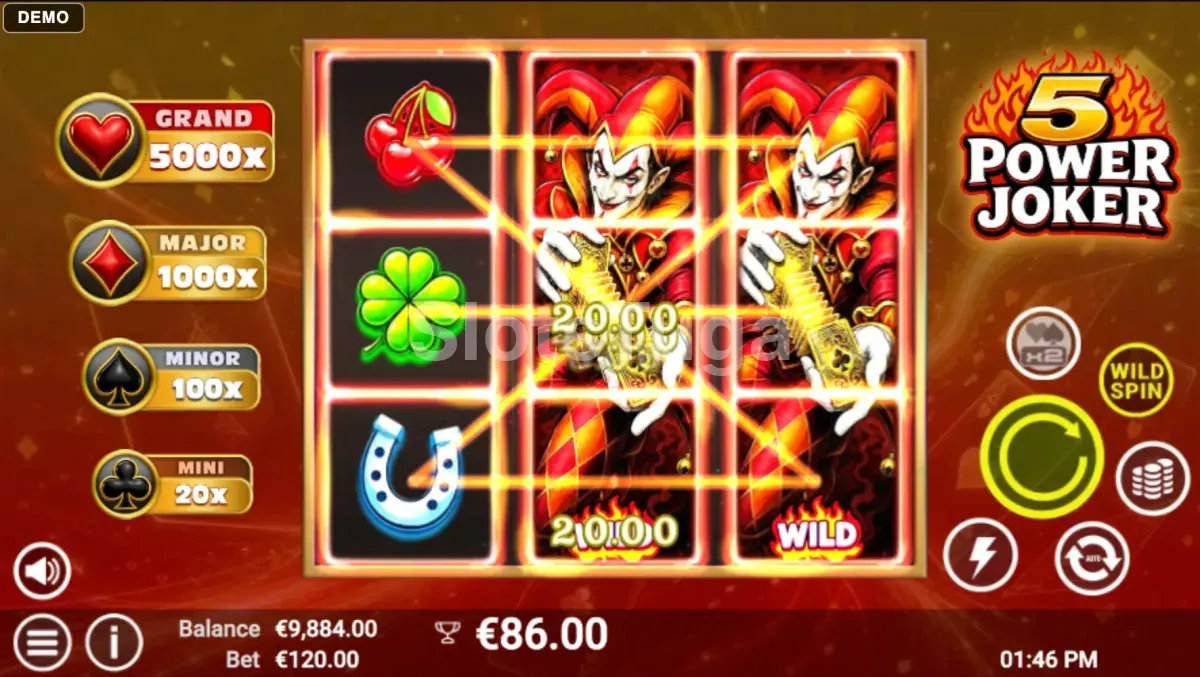 Momento de grande ganho em 5 Power Joker com o valor destacado no ecrã