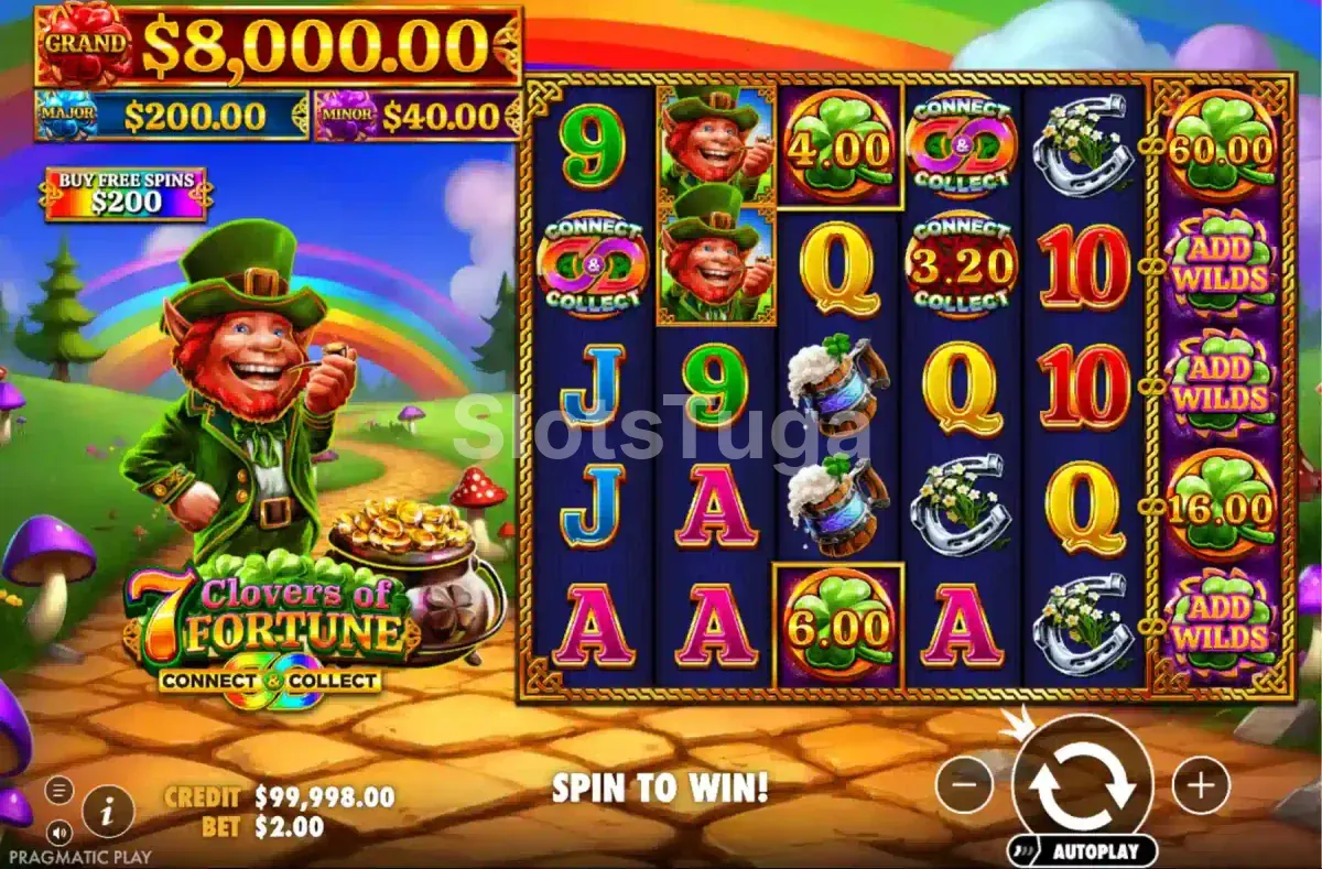 Tela principal do jogo 7 Clovers of Fortune com os rouleaux e símbolos na tela