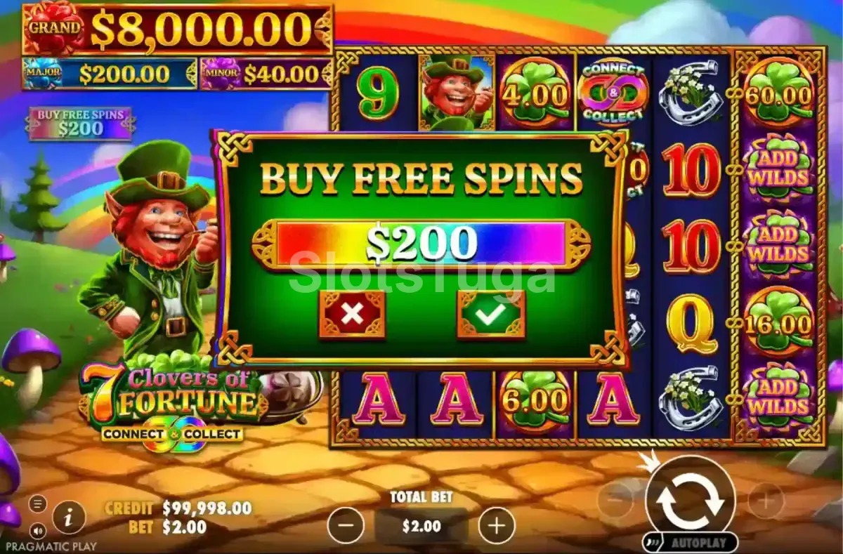 Tela de compra de bônus do 7 Clovers of Fortune com as opções disponíveis