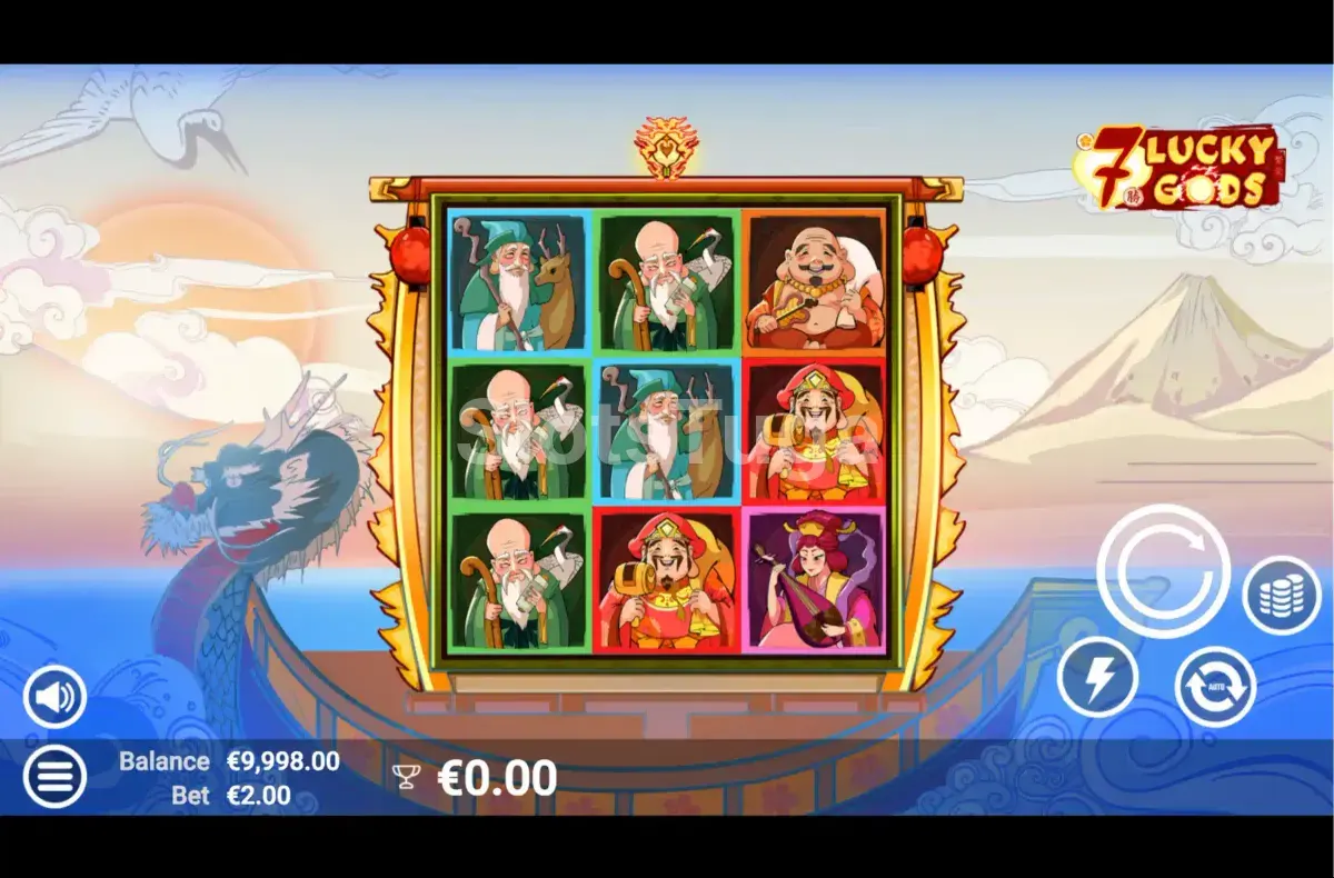 Tela principal do jogo 7 Lucky Gods com os deuses da sorte nos rouleaux
