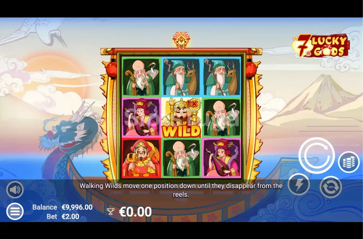 Segunda visão do gameplay da 7 Lucky Gods mostrando combinação vencedora