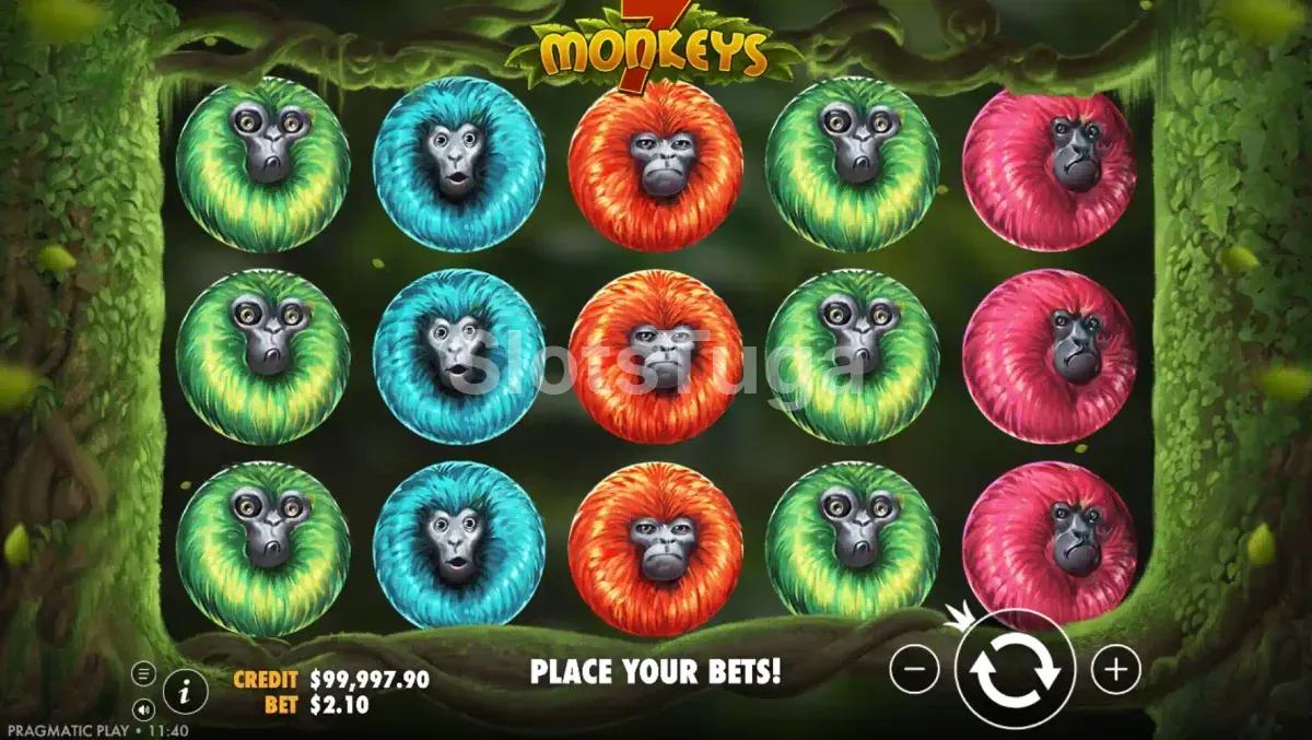 Tela principal da slot 7 Monkeys com os rouleaux e símbolos