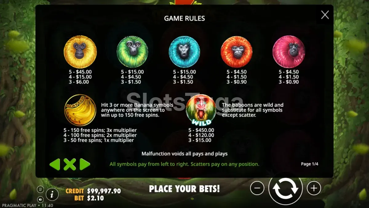 Tabela de pagamentos da slot 7 Monkeys mostrando os símbolos e prêmios