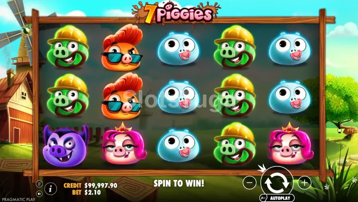 Tela principal do jogo 7 Piggies com os rouleaux em ação