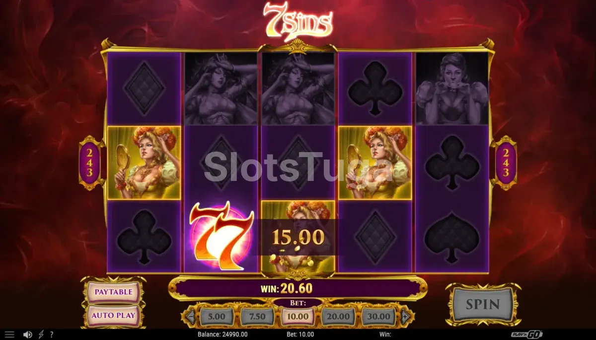 Resultado de rodada na 7 Sins com combinação vencedora destacada