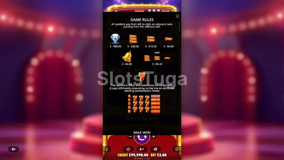 Tabela de pagamentos do 777 Rush mostrando os símbolos e multiplicadores