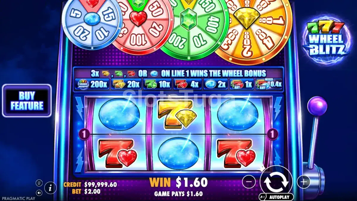 Tela principal da slot 777 Wheel Blitz com os rolos clássicos e a alavanca lateral