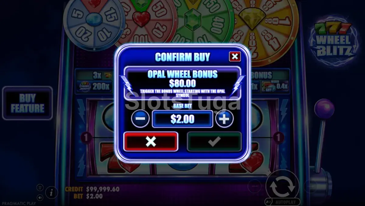 Tela de compra de bônus da 777 Wheel Blitz com o custo de 40x a aposta