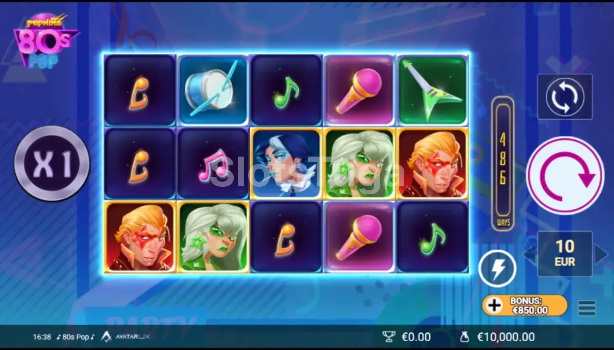 Jogo base da slot 80sPop com símbolos retrô e grade colorida