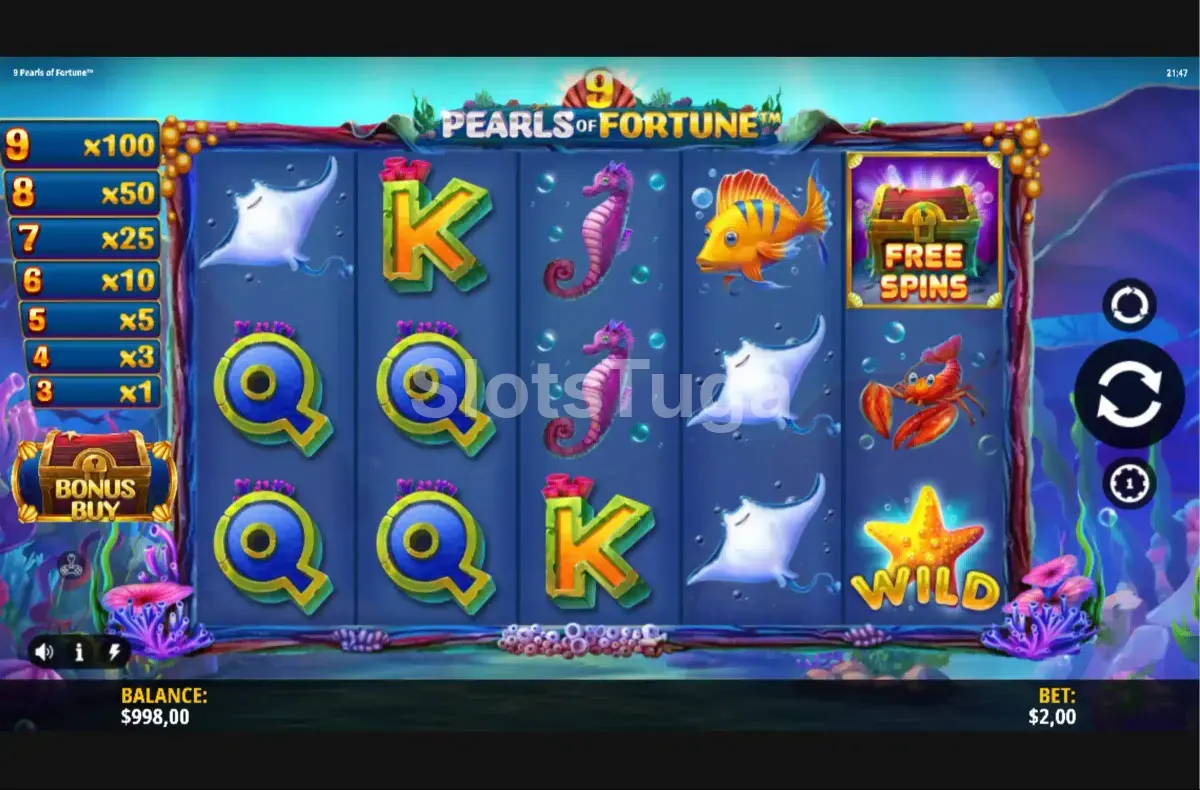 Jogo base da slot 9 Pearls of Fortune com rouleaux e símbolos orientais