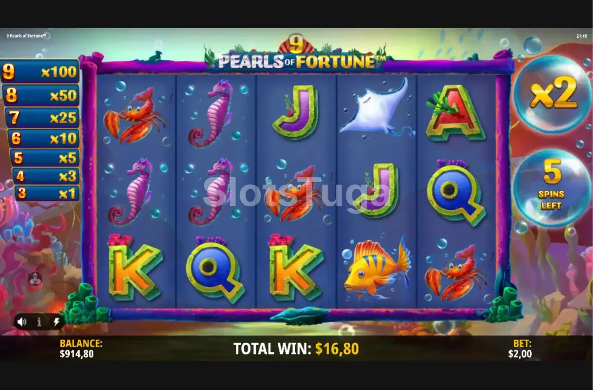 Tela de giros grátis ativados na slot 9 Pearls of Fortune com multiplicadores