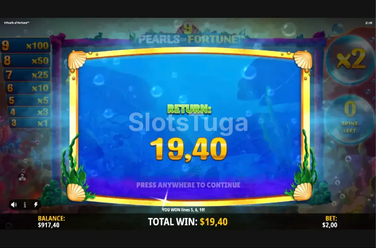 Grande vitória na slot 9 Pearls of Fortune com multiplicador ativado