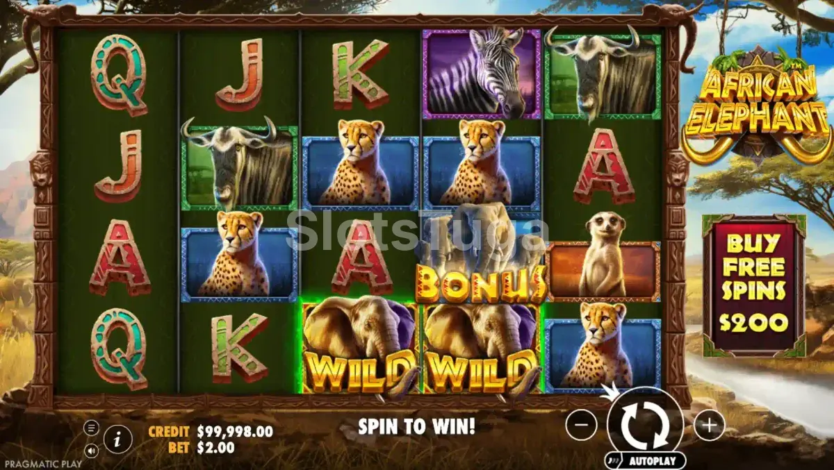 Jogo base da slot African Elephant com rolos e savana ao fundo