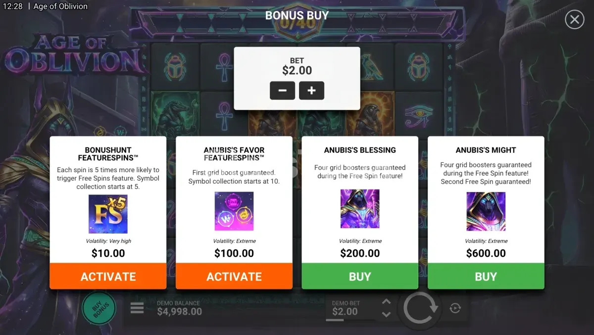 Menu de Bonus Buy de Age of Oblivion
