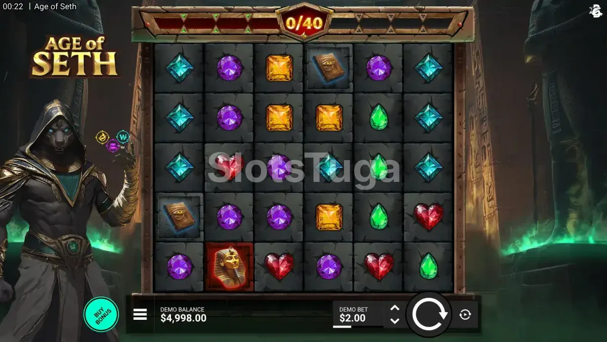 Jogo base da slot Age Of Seth com os rolos e símbolos egípcios