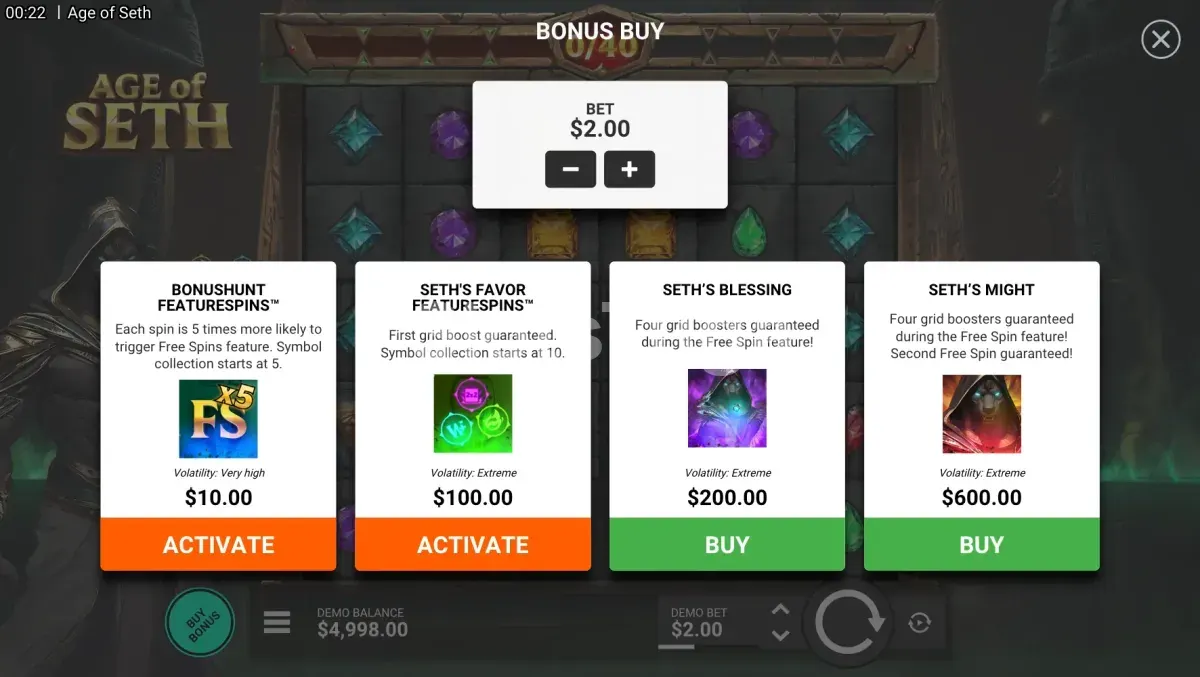 Tela de compra de bônus da slot Age Of Seth com as opções disponíveis