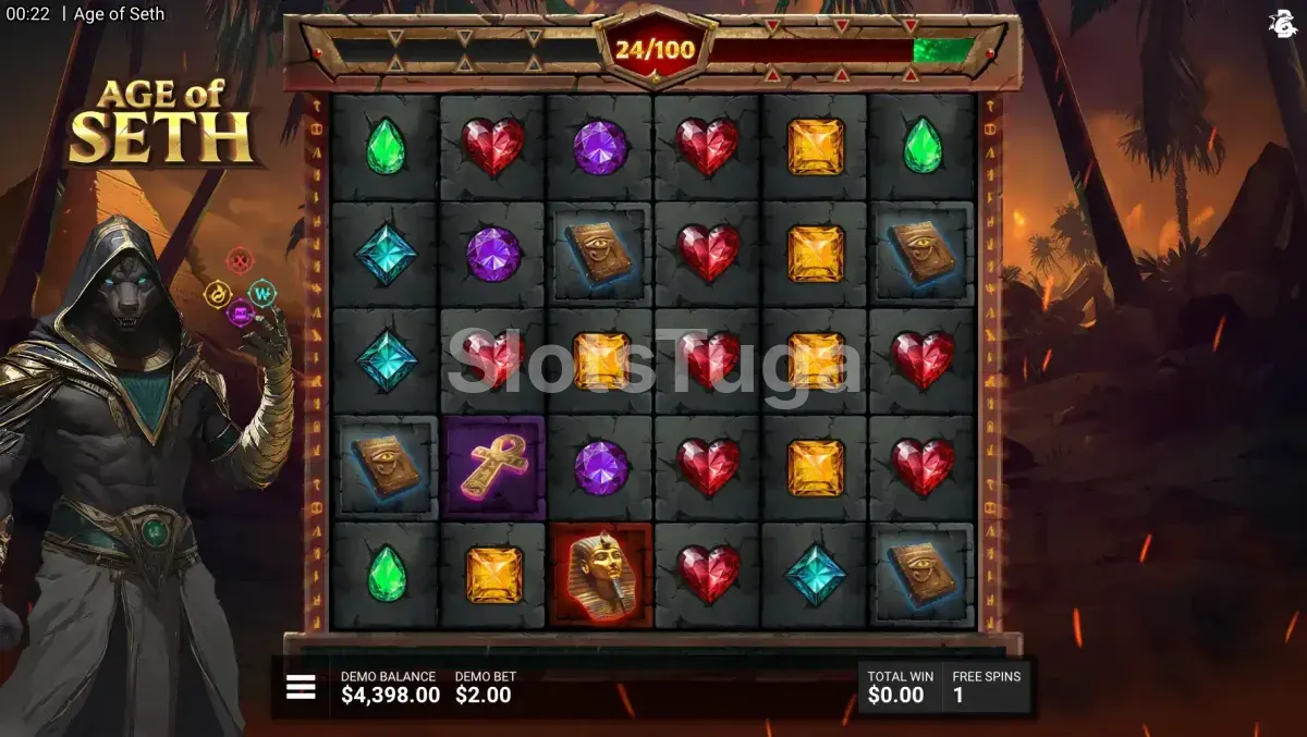 Modo de rodadas grátis ativado na slot Age Of Seth com multiplicadores ativos