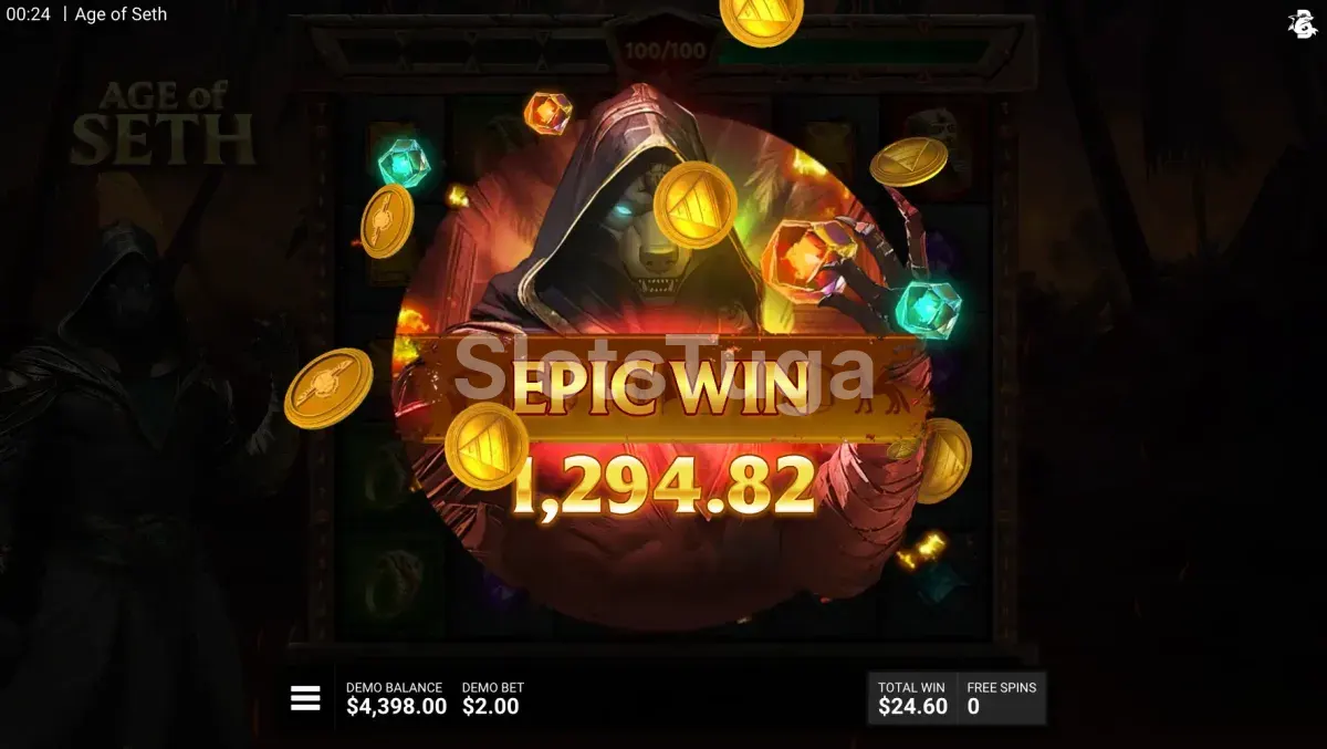 Grande vitória sendo celebrada na slot Age Of Seth com animação especial