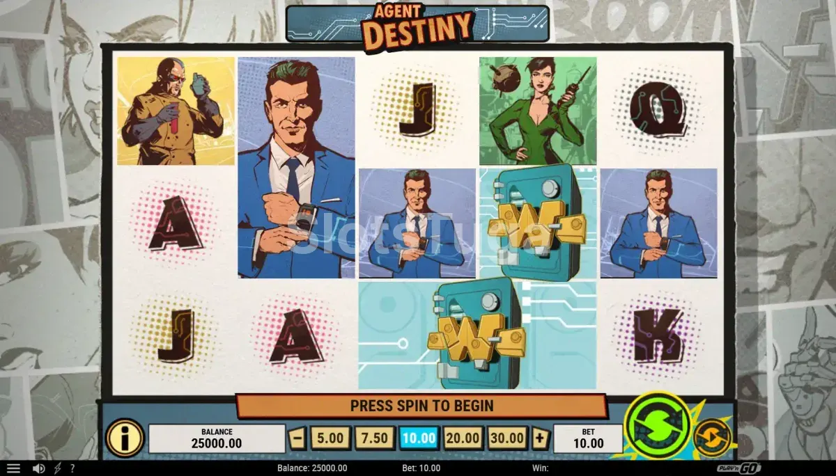 Tela inicial do jogo Agent Destiny com visual de quadrinhos noir