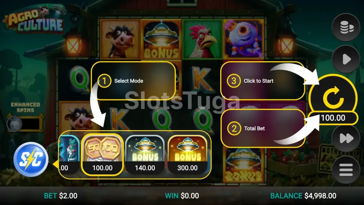Tela de Bonus Buy do slot AgroCulture com opções Supercharge disponíveis