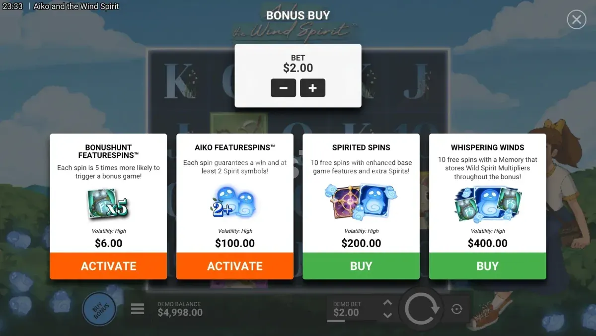 Tela de compra de bônus da slot Aiko and the Wind Spirit