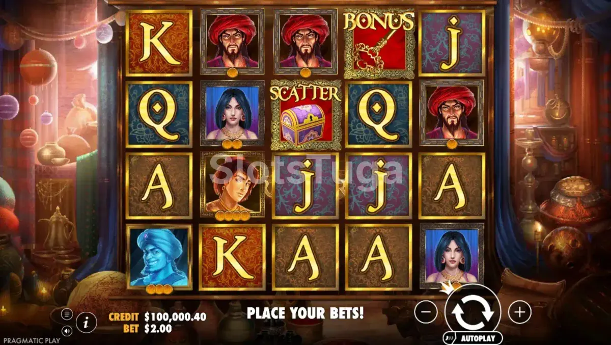 Tela principal do jogo Aladdin's Treasure com rolos e símbolos do tema árabe