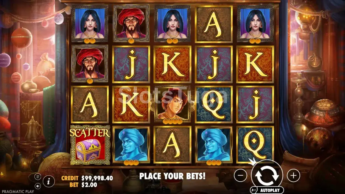 Segunda tela de jogo da Aladdin's Treasure mostrando combinações vencedoras nos rolos