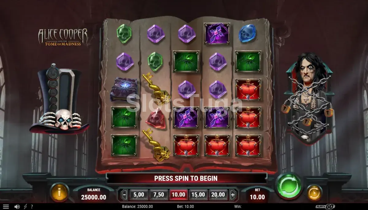 Tela principal do jogo Alice Cooper and the Tome of Madness com os rolos em destaque