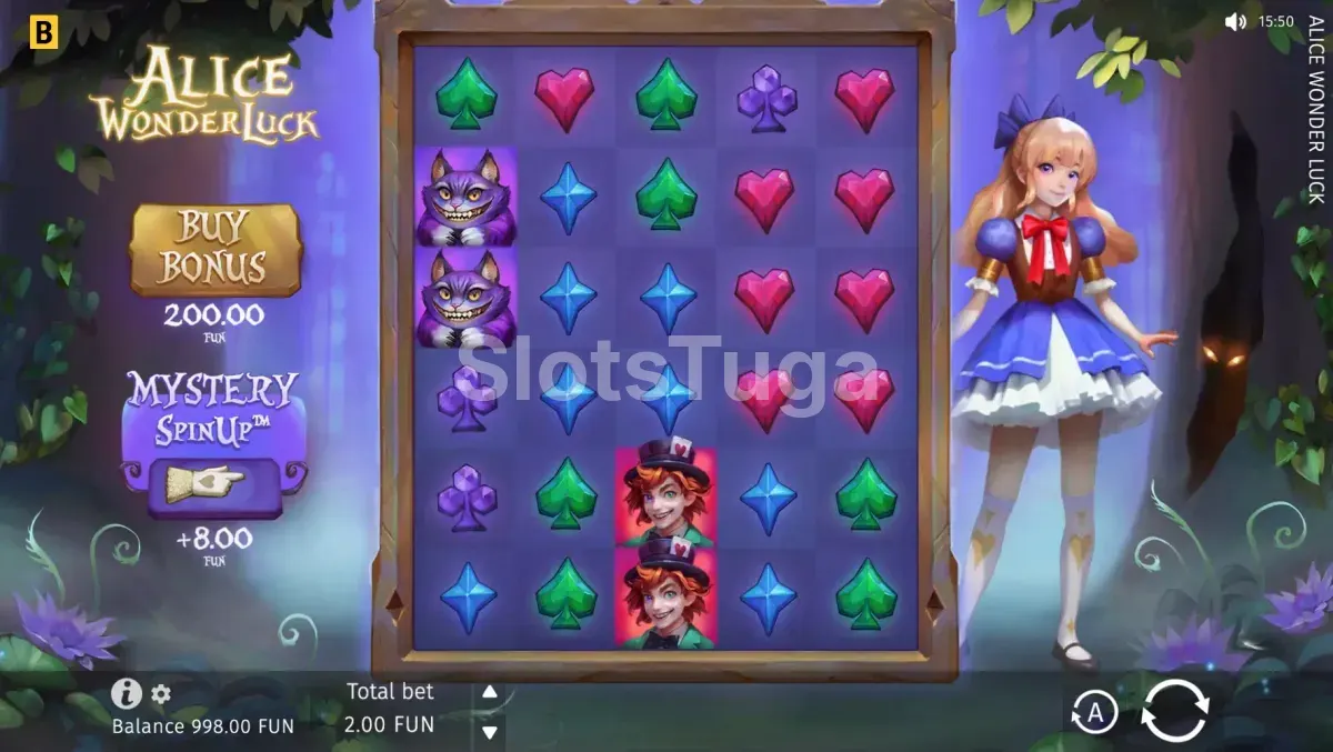 Jogo base da Alice WonderLuck com rouleaux e símbolos temáticos