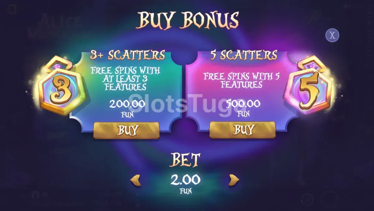 Tela de compra de bônus na Alice WonderLuck