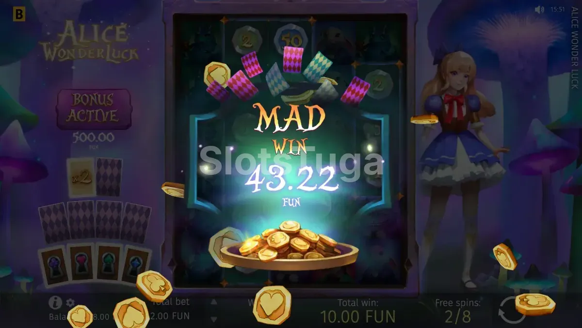 Grande vitória na Alice WonderLuck mostrando multiplicador máximo