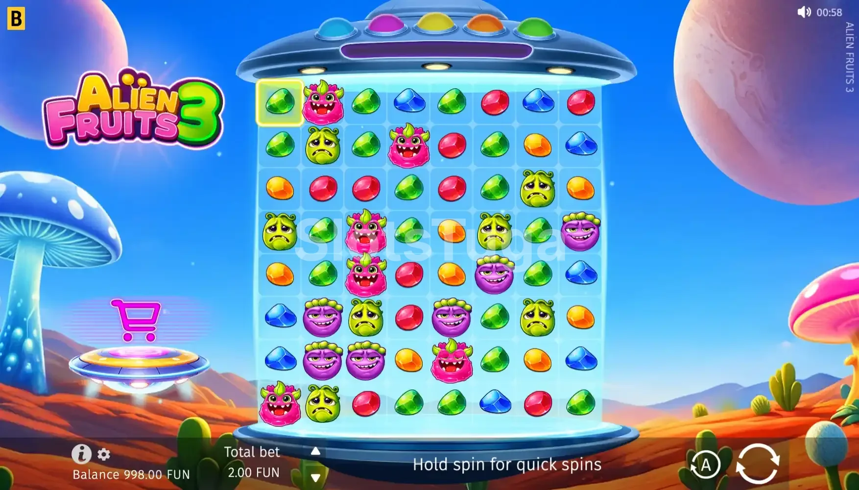 Alien Fruits 3: grelha de oito por oito dentro de um disco voador, com gemas coloridas e frutas-monstro de olhos grandes, cogumelos gigantes e um planeta rosa em fundo, e o carrinho da compra de bónus à esquerda.