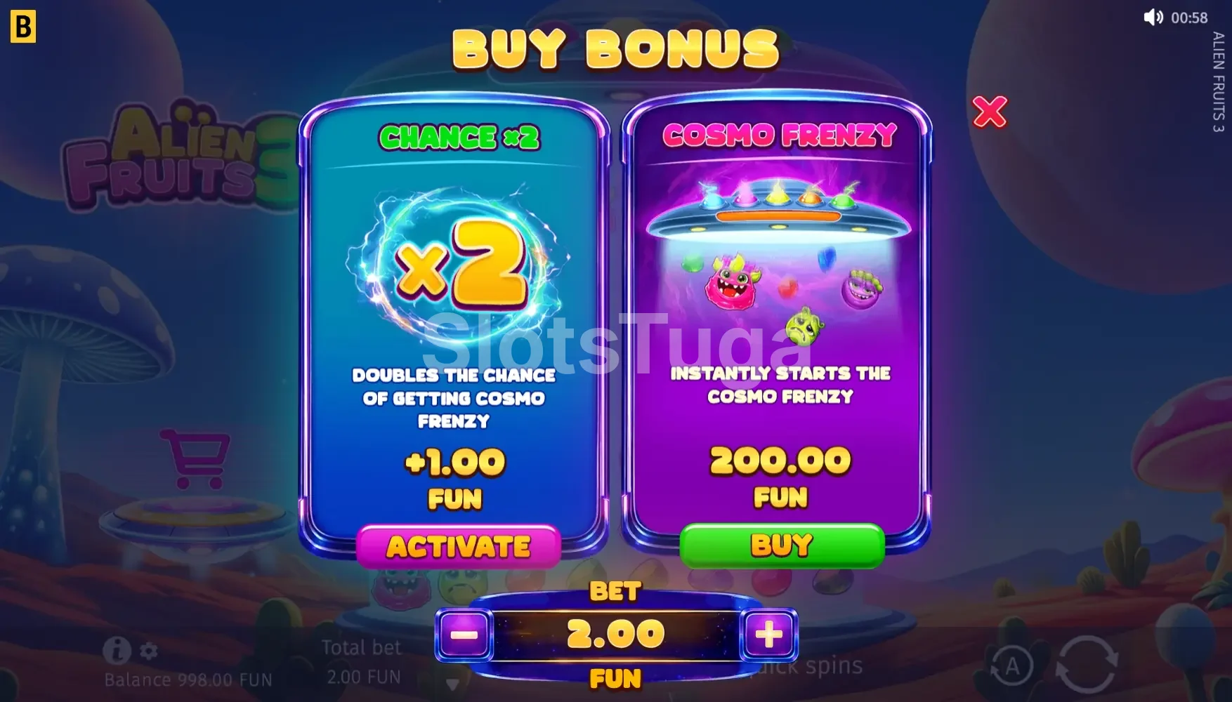 Tela de compra de bonus da Alien Fruits 3 com opções de acesso ao Cosmo Frenzy